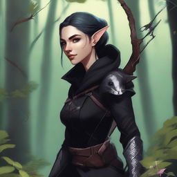 A detailed fantasy illustration of a female wood elf assassin dressed in black, with a hamster on her shoulder