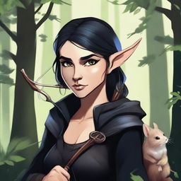 A detailed fantasy illustration of a female wood elf assassin dressed in black, with a hamster on her shoulder