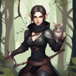 A detailed fantasy illustration of a female wood elf assassin dressed in black, with a hamster on her shoulder