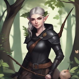 A detailed fantasy illustration of a female wood elf assassin dressed in black, with a hamster on her shoulder