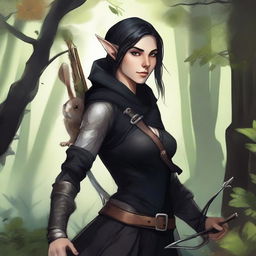 A detailed fantasy illustration of a female wood elf assassin dressed in black, with a hamster on her shoulder