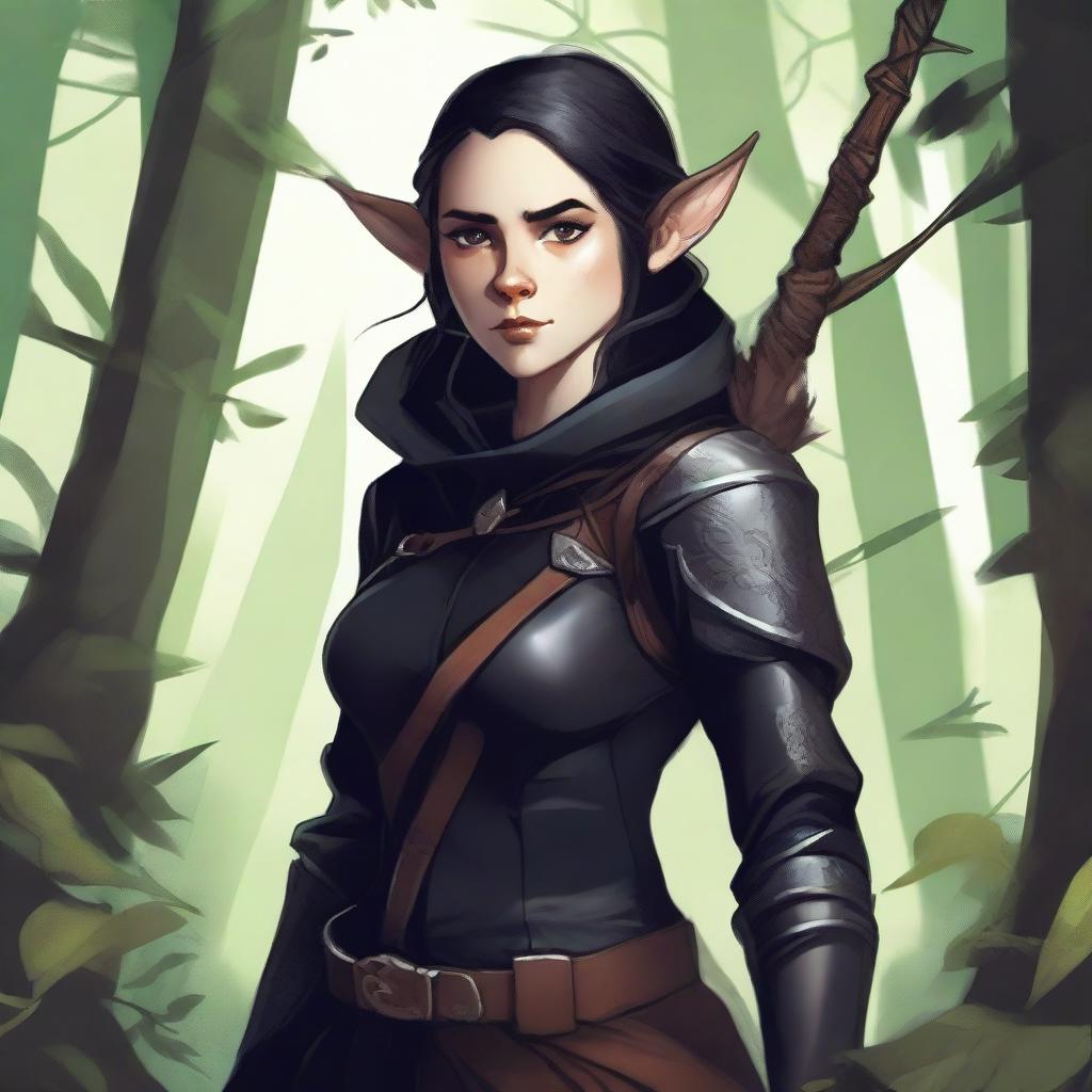 A detailed fantasy illustration of a female wood elf assassin dressed in black, with a hamster on her shoulder