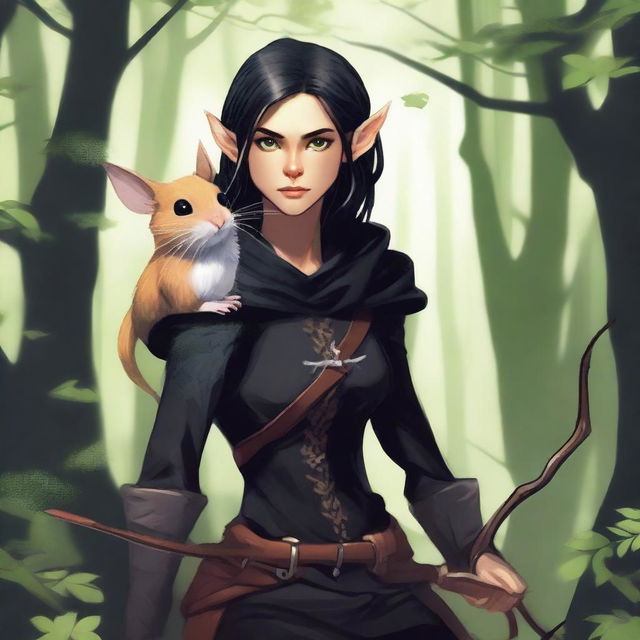 A detailed fantasy illustration of a female wood elf assassin dressed in black, with a hamster on her shoulder