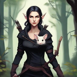 A detailed fantasy illustration of a female wood elf assassin dressed in black, with a hamster on her shoulder