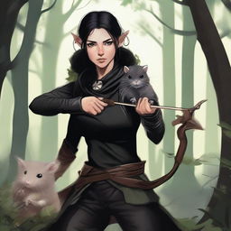 A detailed fantasy illustration of a female wood elf assassin dressed in black, with a hamster on her shoulder