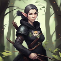 A detailed fantasy illustration of a female wood elf assassin dressed in black, with a hamster on her shoulder