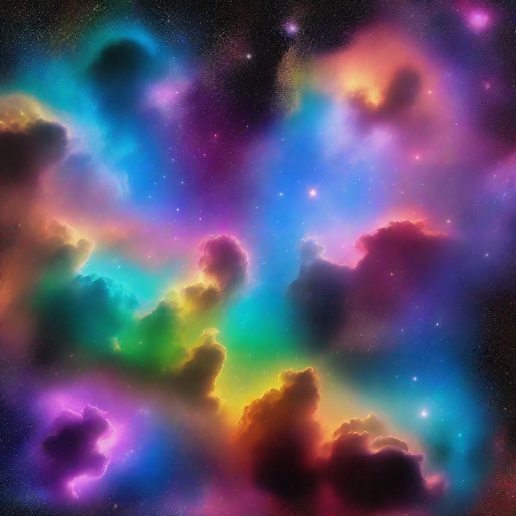 A vibrant and colorful scene featuring stars and clouds among a nebula