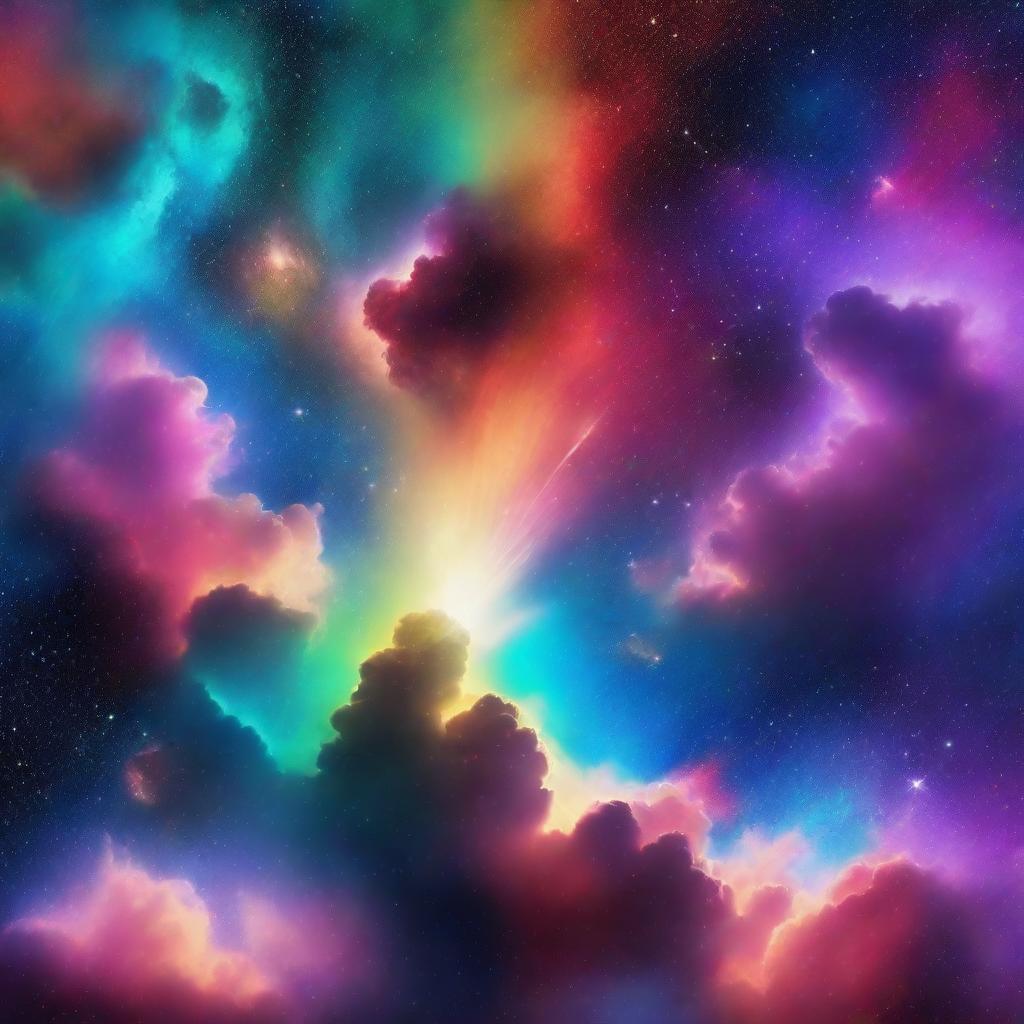 A vibrant and colorful scene featuring stars and clouds among a nebula