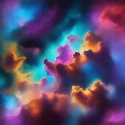 A vibrant and colorful scene featuring stars and clouds among a nebula