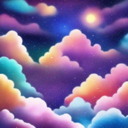 A vibrant and colorful scene featuring stars and clouds