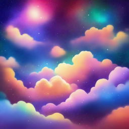 A vibrant and colorful scene featuring stars and clouds