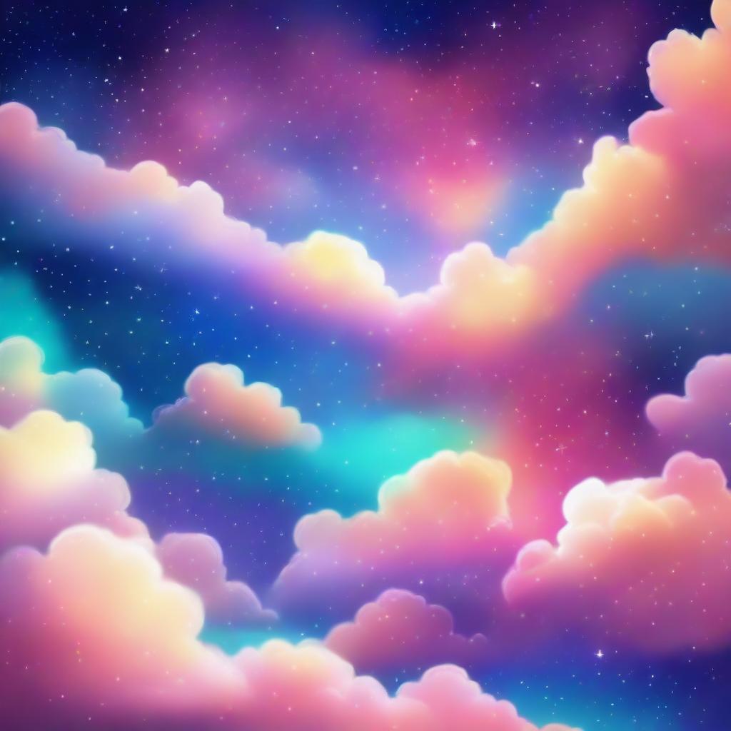 A vibrant and colorful scene featuring stars and clouds