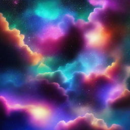 A vibrant and colorful scene featuring stars and clouds in space