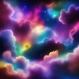 A vibrant and colorful scene featuring stars and clouds in space