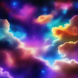 A vibrant and colorful scene featuring stars and clouds in space