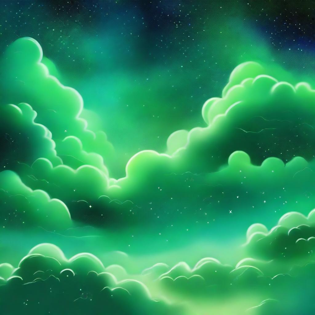 A vibrant and colorful scene featuring shades of green stars and clouds in space