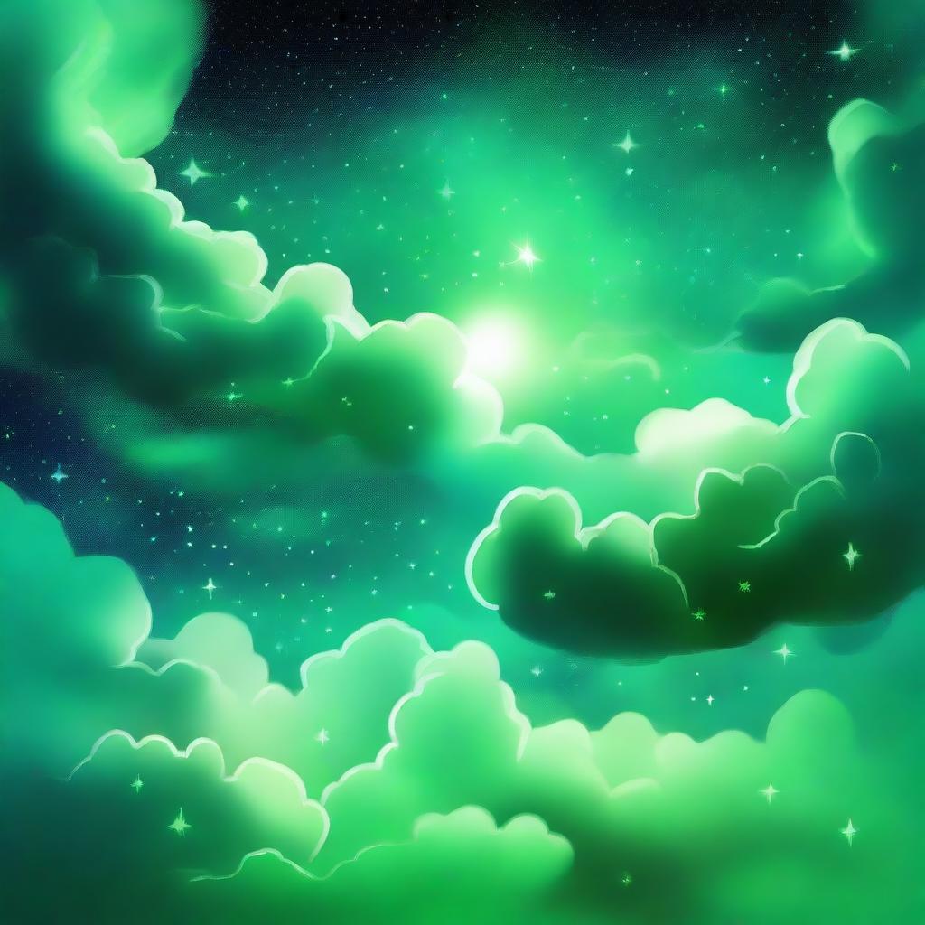 A vibrant and colorful scene featuring shades of green stars and clouds in space