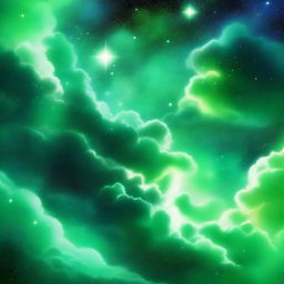 A vibrant and colorful scene featuring shades of green stars and clouds in space