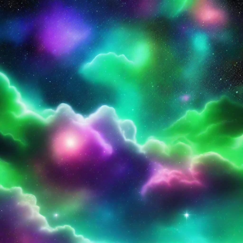 A vibrant and colorful scene featuring hints of green stars and clouds in space