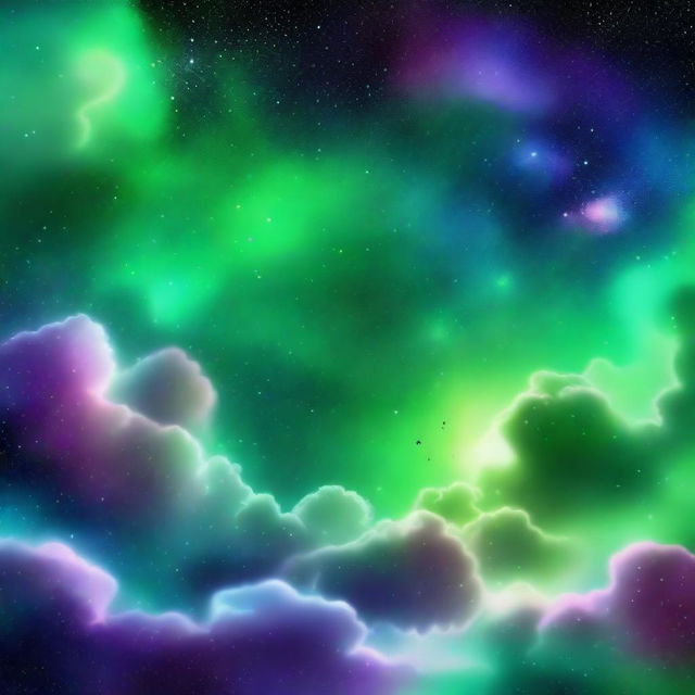 A vibrant and colorful scene featuring hints of green stars and clouds in space