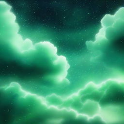 A serene and subtle scene featuring hints of green stars and clouds in space