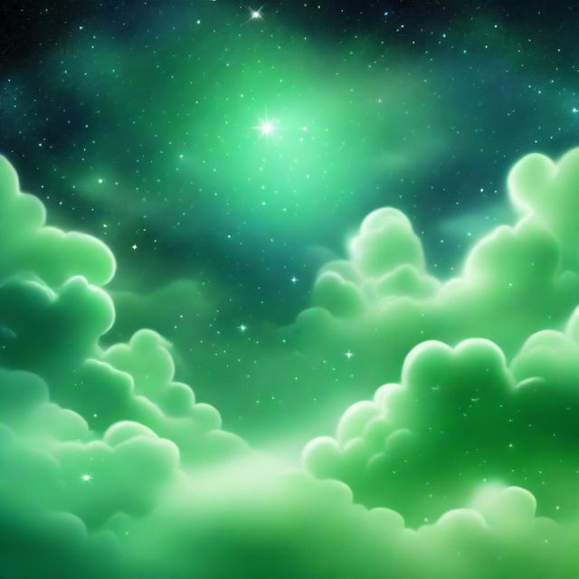 A serene and subtle scene featuring hints of green stars and clouds in space