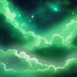 A serene and subtle scene featuring hints of green stars and clouds in space