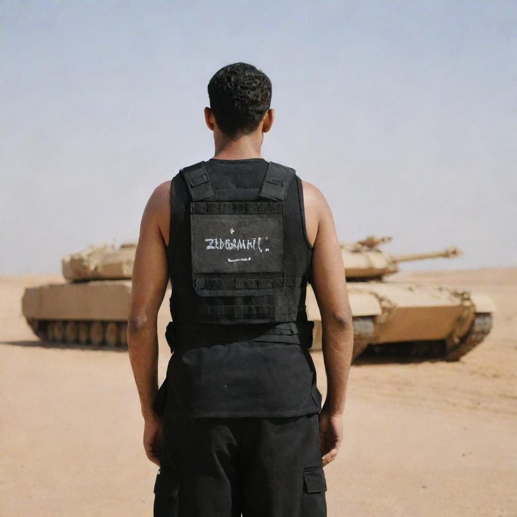 A man in a black commando uniform with 'Zubair' written on the back, standing in a desert landscape. The Al Khalid tank is in action behind him, and the man's back is facing the viewer.