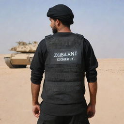 A man in a black commando uniform with 'Zubair' written on the back, standing in a desert landscape. The Al Khalid tank is in action behind him, and the man's back is facing the viewer.