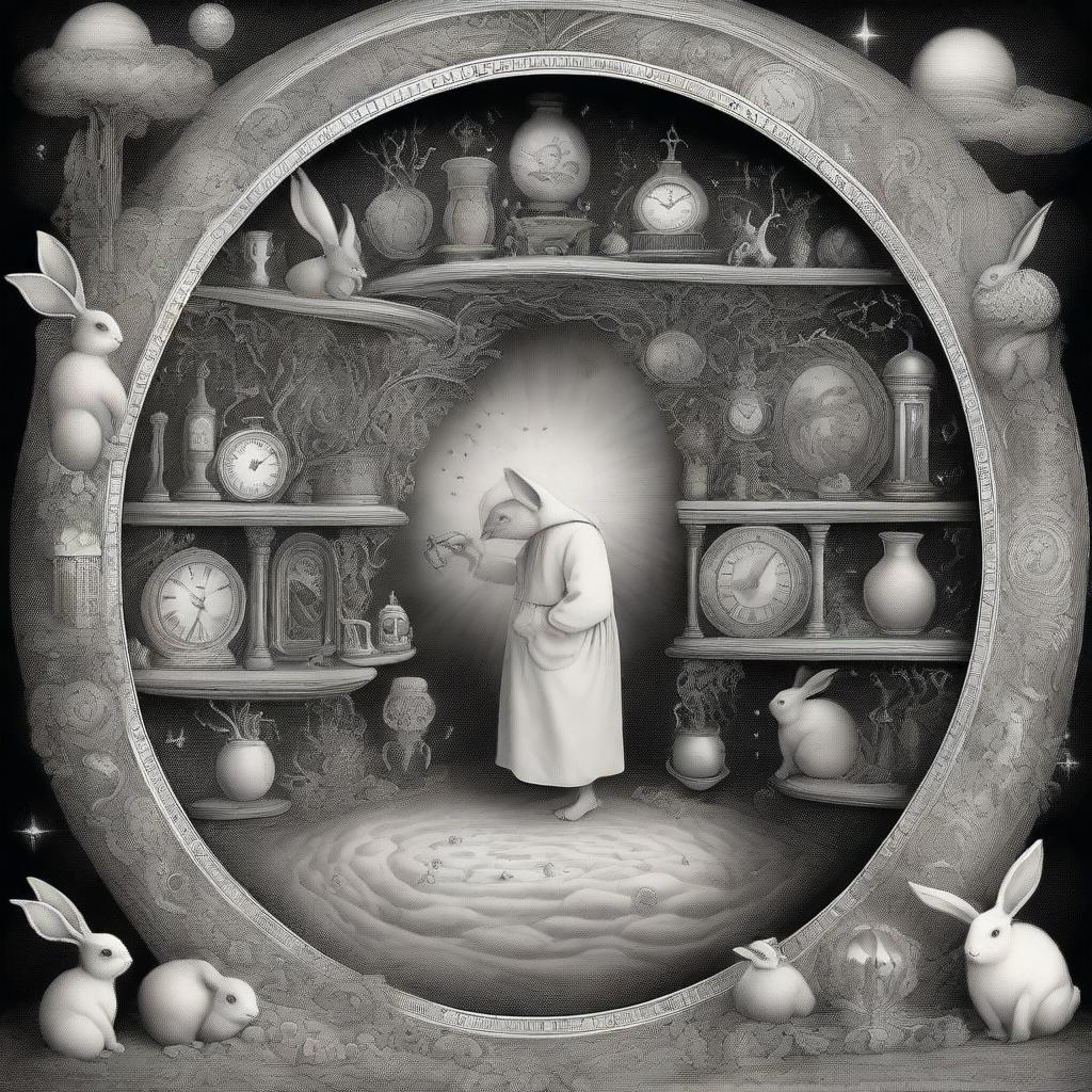 A surreal and intricate scene featuring God peering down a rabbit hole