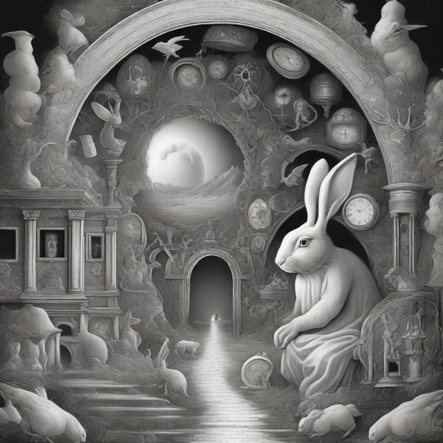 A surreal and intricate scene featuring God peering down a rabbit hole