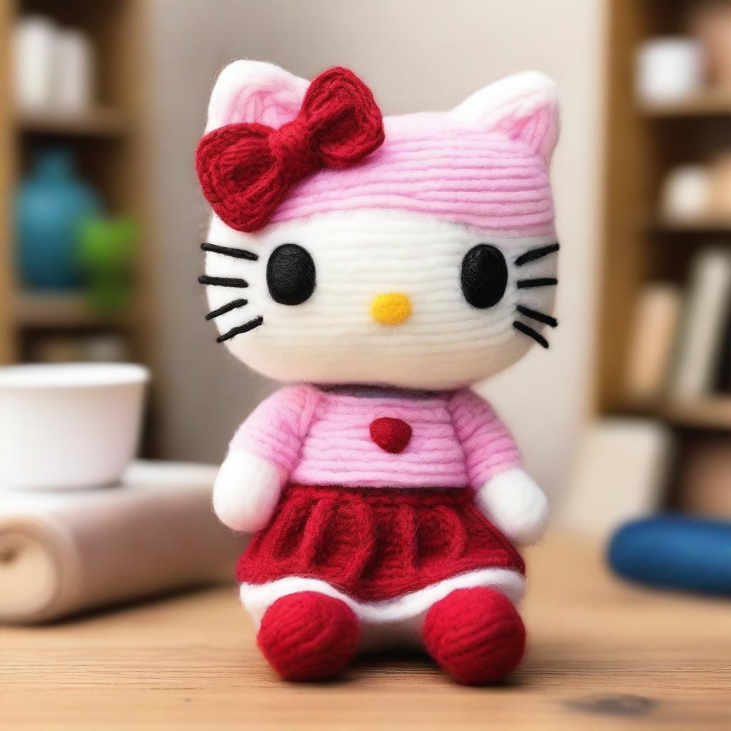 A cute and cozy Hello Kitty doll made of wool, featuring soft textures and vibrant colors