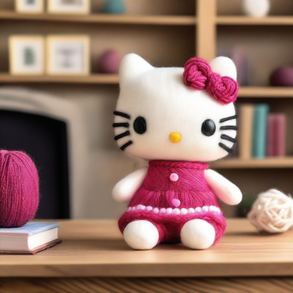 A cute and cozy Hello Kitty doll made of wool, featuring soft textures and vibrant colors