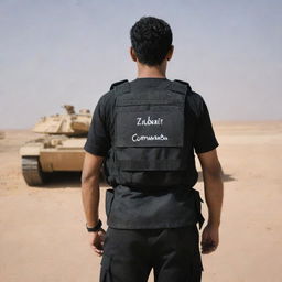 A man in a black commando uniform with 'Zubair' written on the back, standing in a desert landscape. The Al Khalid tank is in action behind him, and the man's back is facing the viewer.