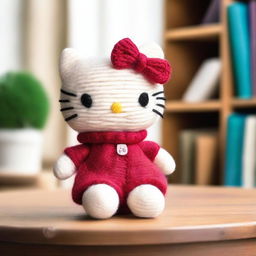 A cute and cozy Hello Kitty doll made of wool, featuring soft textures and vibrant colors