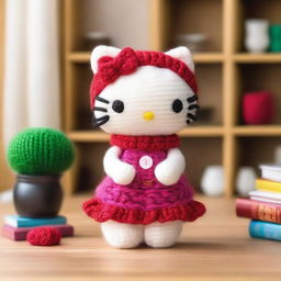 A cute and cozy Hello Kitty doll made of wool, featuring soft textures and vibrant colors