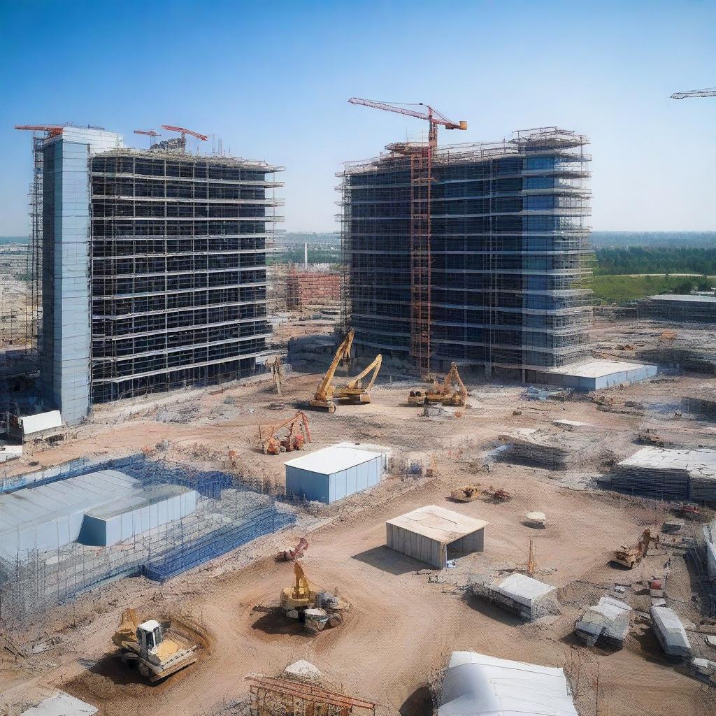 A bustling construction site of a modern hospital with several cranes lifting large computer systems