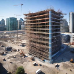 A bustling construction site of a modern hospital with several cranes lifting large computer systems