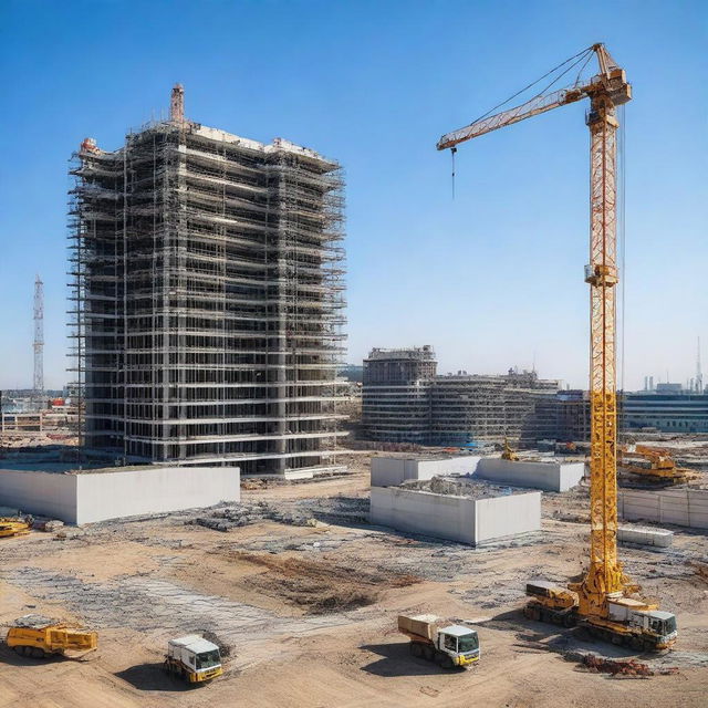 A bustling construction site of a modern hospital with several cranes lifting large computer systems