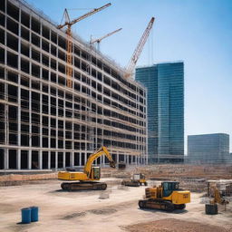 A bustling construction site of a modern hospital with several cranes lifting large computer systems