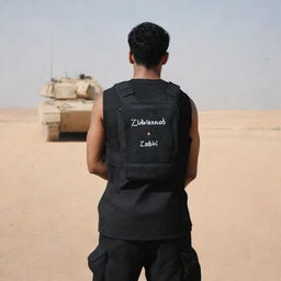 A man in a black commando uniform with 'Zubair' written on the back, standing in a desert landscape. The Al Khalid tank is in action behind him, and the man's back is facing the viewer.