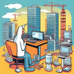 A cartoon version of a hospital construction site with several tower cranes lifting large computers