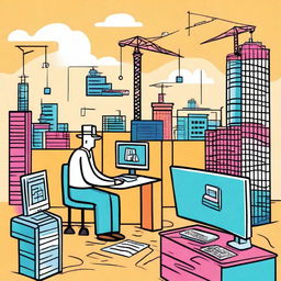 A cartoon version of a hospital construction site with several tower cranes lifting large computers