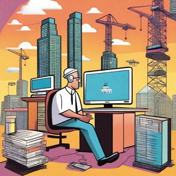 A cartoon version of a hospital construction site with several tower cranes lifting large computers