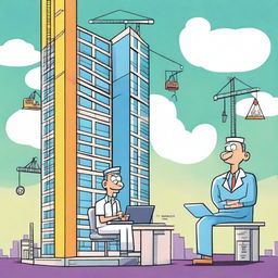 A cartoon version of a single building digital hospital construction site