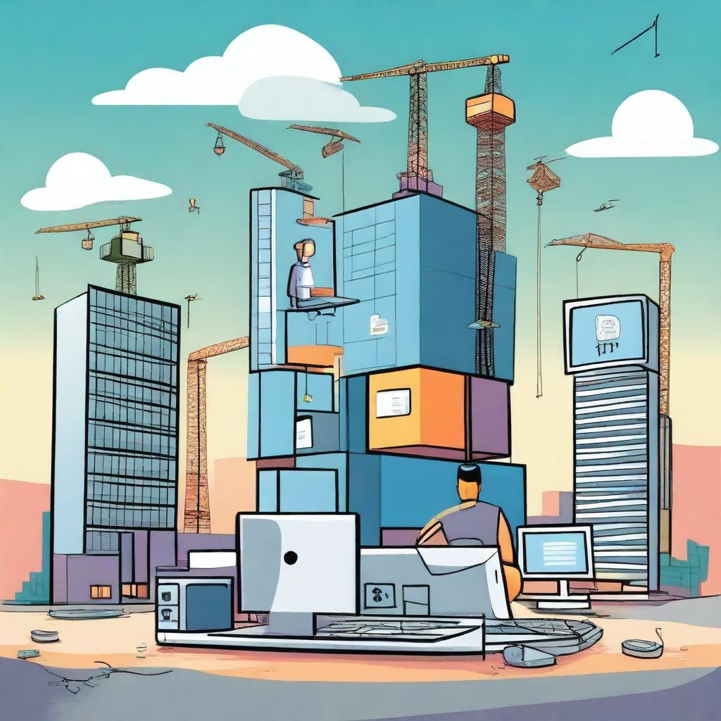 A cartoon version of a single building digital hospital construction site