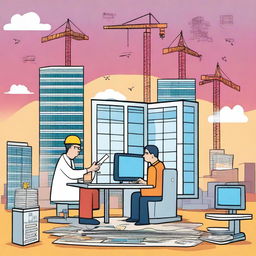 A cartoon version of a single building digital hospital construction site