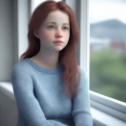 A highly detailed 3D render of Emily, a sad girl, sitting thoughtfully by a large window with a gloomy, overcast sky outside