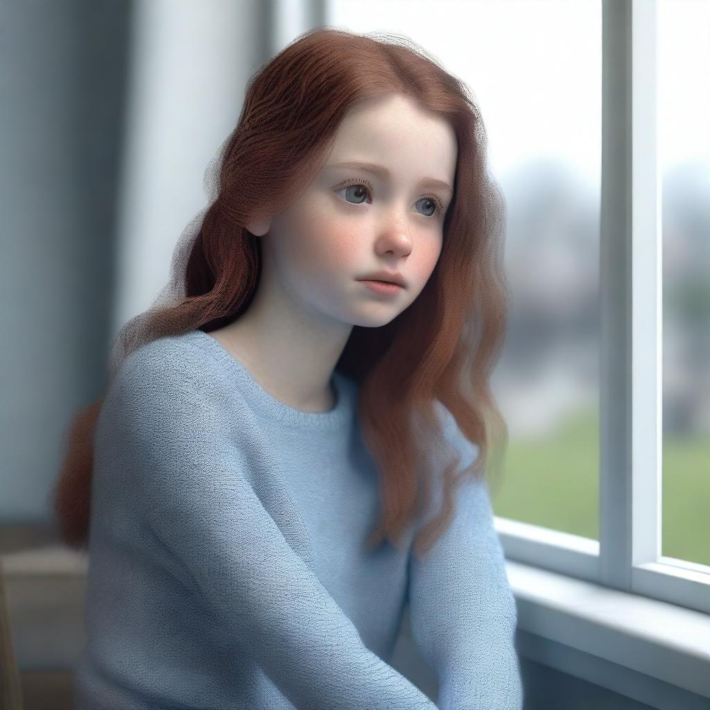 A highly detailed 3D render of Emily, a sad girl, sitting thoughtfully by a large window with a gloomy, overcast sky outside