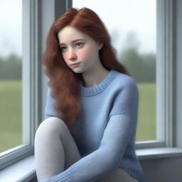 A highly detailed 3D render of Emily, a sad girl, sitting thoughtfully by a large window with a gloomy, overcast sky outside